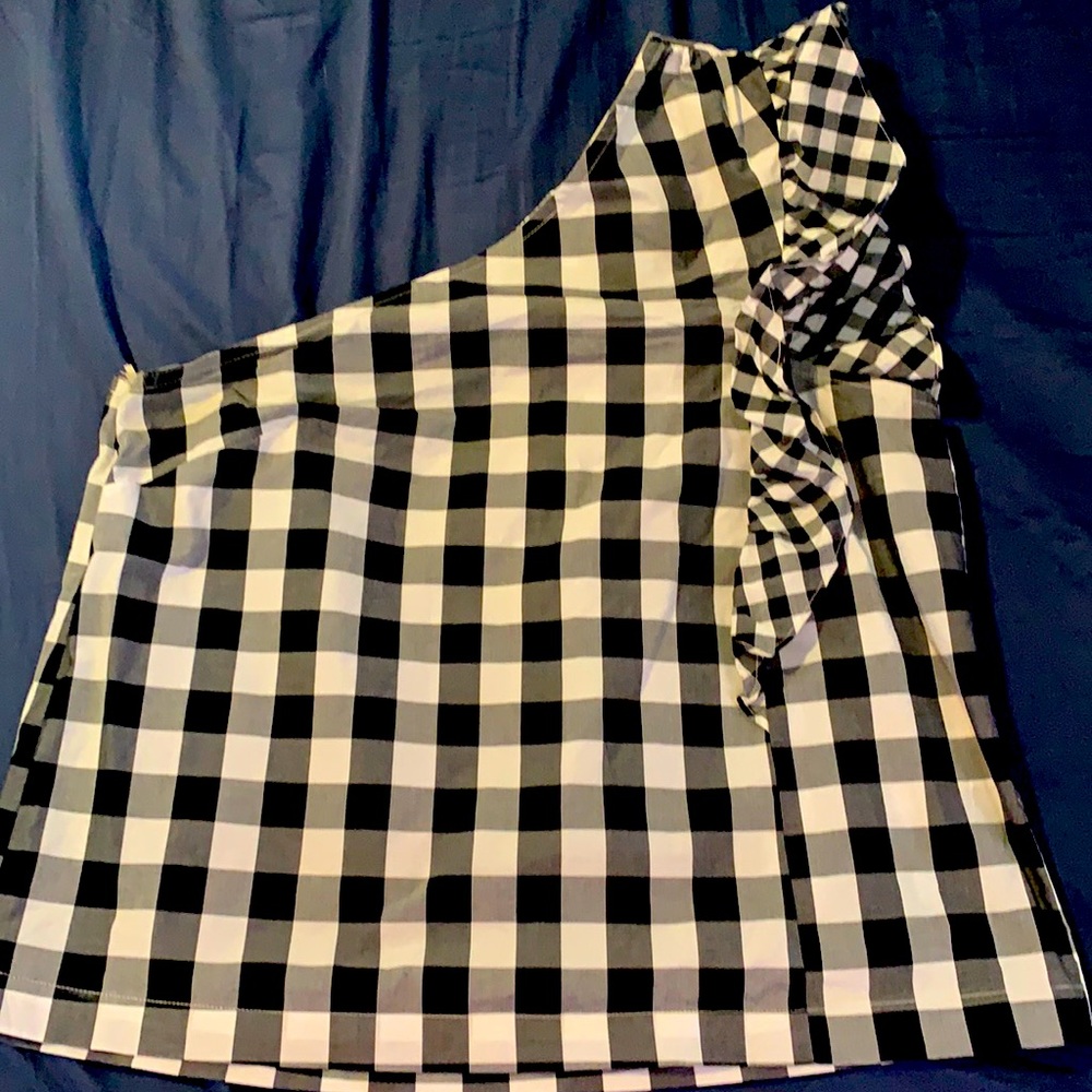 J Crew One Shoulder Ruffled GinghamTop
